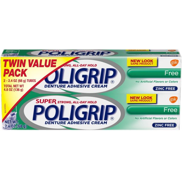 Super Poli-Grip Denture Adhesive Cream Zinc Free- 2 pack For Sale